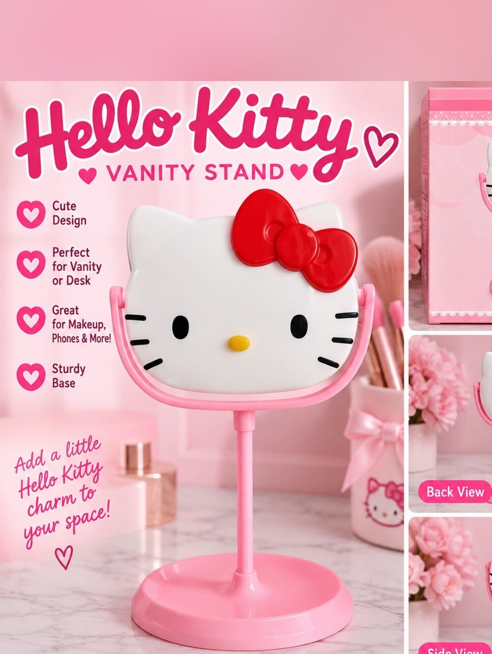 Hello Kitty Pink Vanity Mirror Stand with Red Bow